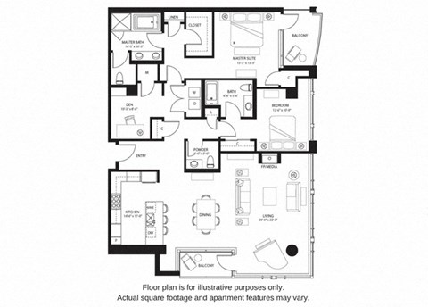 Floor plan for 2 beds, 2.5 baths, 1998 sqft